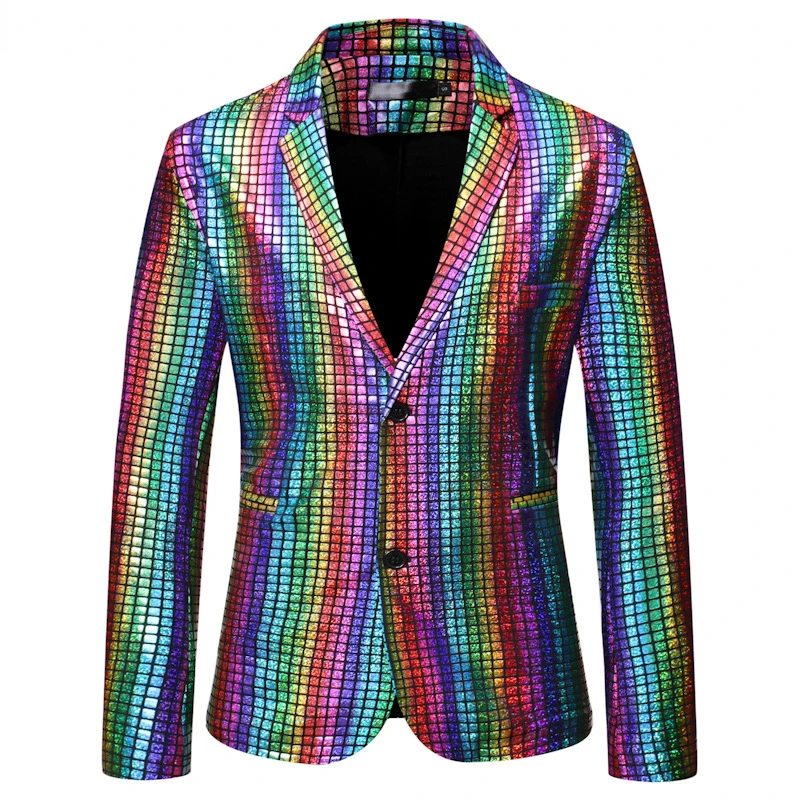 

Mens Stylish Dancer Stage Blazer Jacket Gold Silver Rainbow Plaid Sequin Blazer Male Disco Festival Carnaval Party Prom Costumes