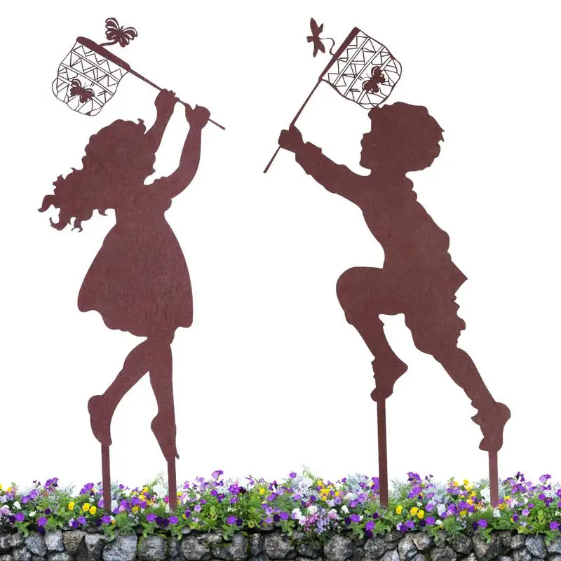 

Boy Girl Silhouette Decoration 2Pcs Vintage Metal Garden Silhouette Boy Girl Silhouettes Chasing Insect Garden Stakes Lawn Yard