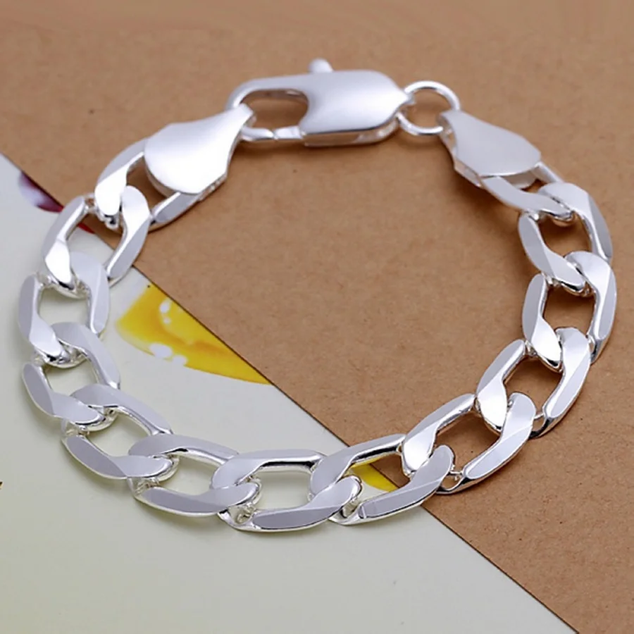 

Noble 12MM chain women Men Silver color Jewelry fashion beautiful hot Figaro Bracelets free shipping