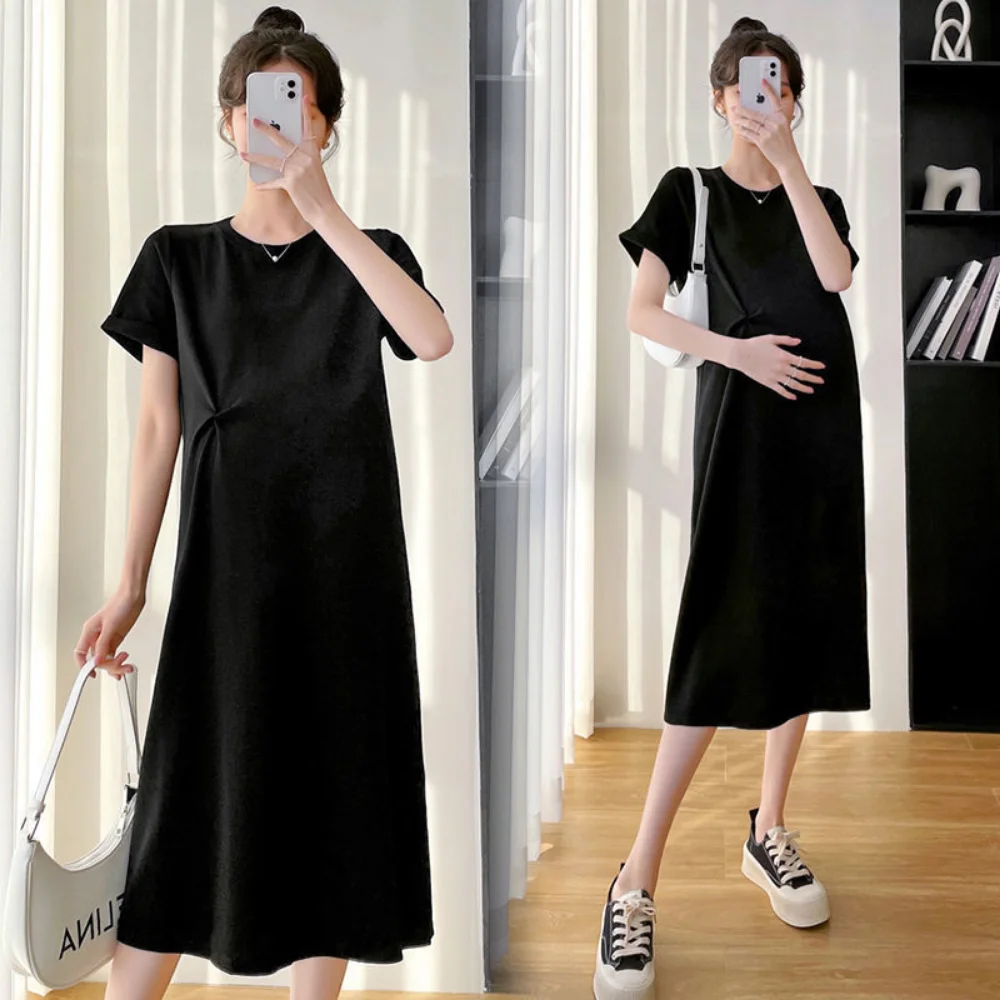 New Korean Style Fashion Maternity Dress Short Sleeve O-Neck Pregnant Woman Cotton Dress Long Loose Casual Pregnancy Clothes enlarge