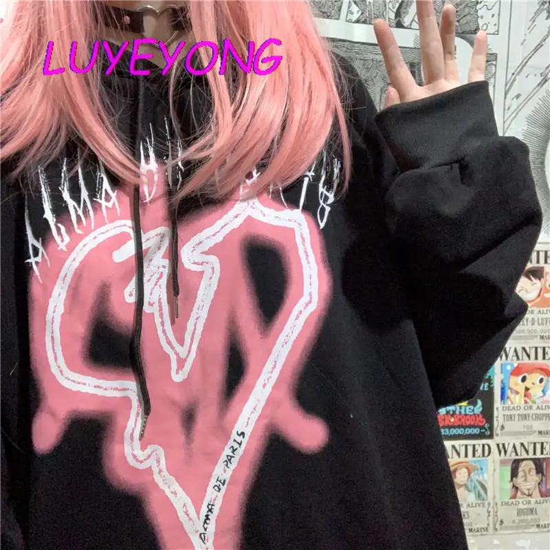 

Korean Fashion Top Y2k Girl Broken Heart Letter Print Long Sleeve Sweatshirts Black White Lady Casual O Neck Harajuku Sweatshirt
