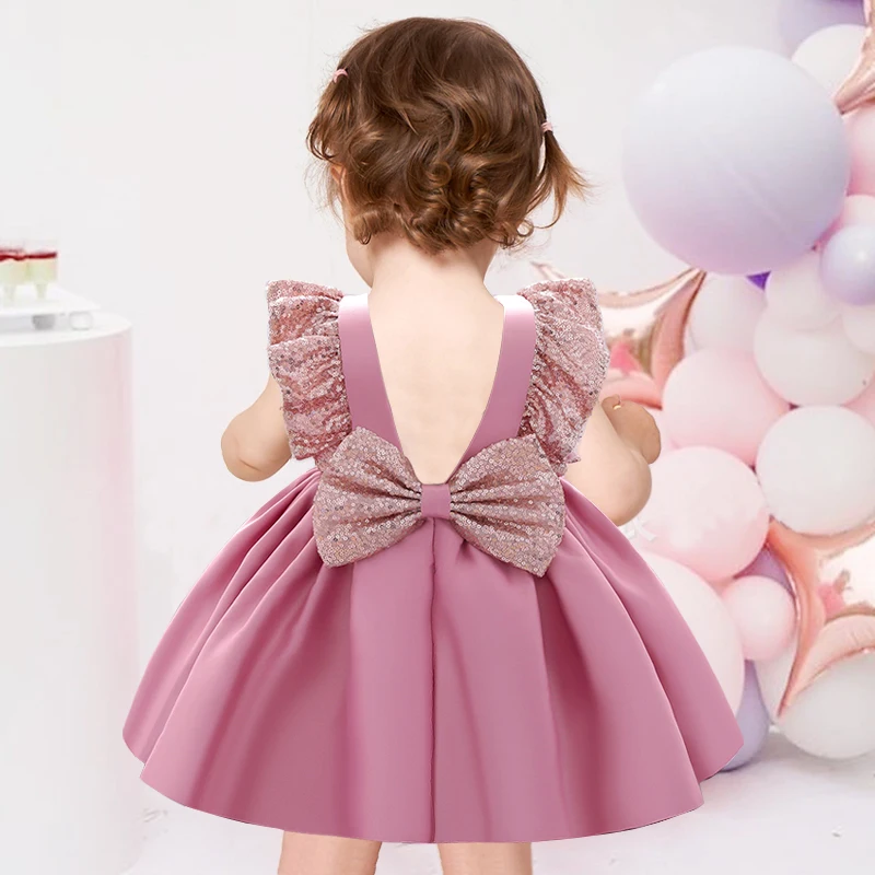 

2022 Newborn Dress 1st Birthday Dress For Baby Girl Clothes Bow Princess Baptism Dresses Sequin Party Dress Evening Backless