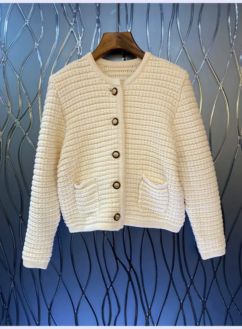 

2022 Autumn Winter Fashion Knitted Cardigans High Quality Women Pocket Patchwork Long Sleeve Casual Beige Black Tops Coat Basic