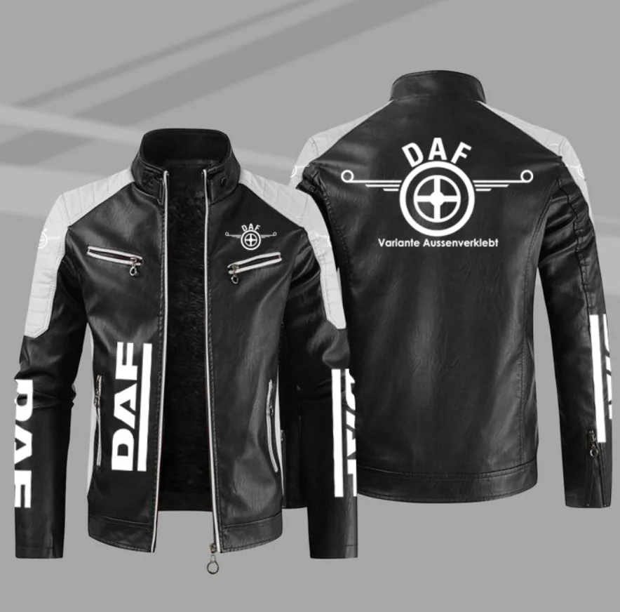 

2022 Fashion New Mens Vintage DAF logo Jacket Biker Leather Jacket Male Embroidery Bomber Coat Pu Overcoat