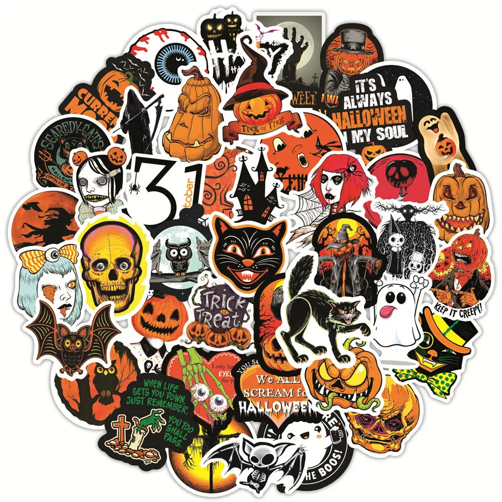 

10/30/50pcs Halloween Horror Pumpkin Cartoon Graffiti Stickers Window Diy Wall Water Cup Trolley Case Waterproof Decal Stickers