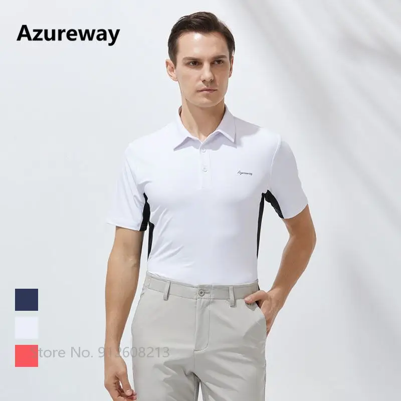 

Azureway Summer Mens Dry Fit Polo Shirts Short Sleeve Golf Tops Elastic Soft Fitness Golf T-shirt for Male Muscle Apparel S-XXXL