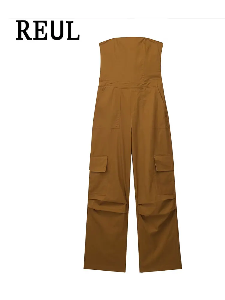 

REUL Fashion Pockets Decoration Strapless Cargo Jumpsuit For Women Vintage Side Zipper Straight Neck Female Playsuits Mujer TRAF