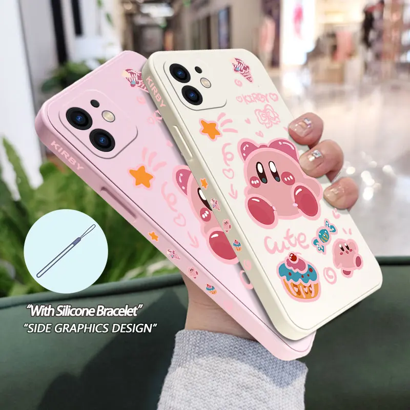 Cute Cartoon Kirbys Phone Case For iPhone 14 13 12 11 Plus Pro Max Mini X XR XS SE2020 8 7 6 6S Plus Cover with Strap images - 6