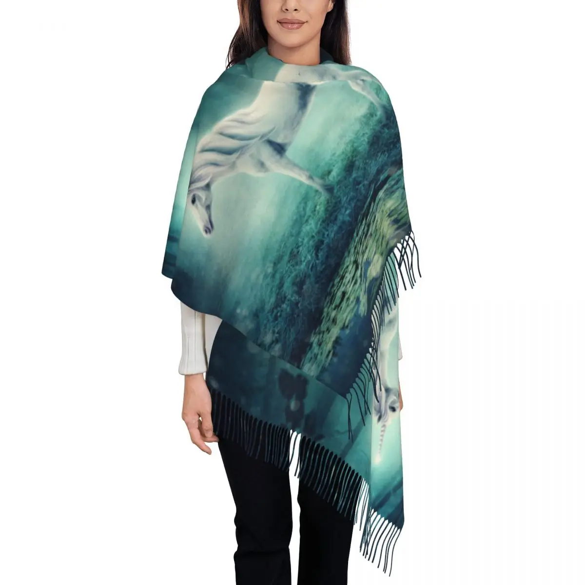 

White Unicorn In A Dark Forest Womens Warm Winter Infinity Scarves Set Blanket Scarf Pure Color