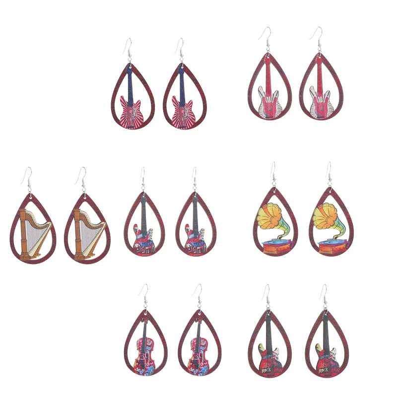 Винтажные деревянные висячие серьги гитары граммофона для женщин, забавные модные серьги в стиле ретро, эстетические музыкальные аксессуары для фестиваля