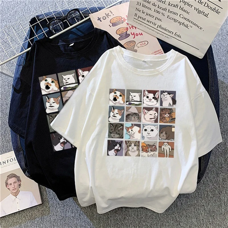 

Футболка женская в стиле Харадзюку, милый рисунок с кошкой, летняя графическая рубашка с животными, мультяшный хиппи смайлик, белая одежда