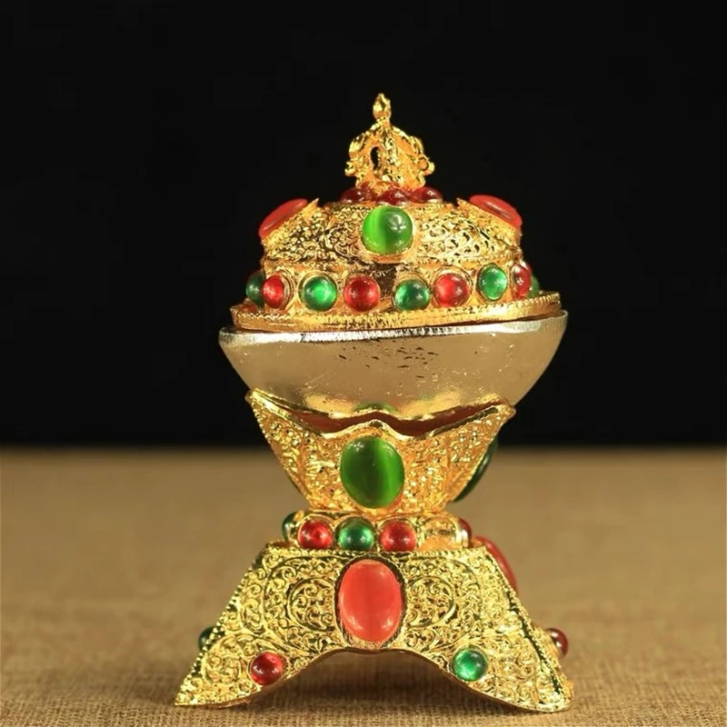 

Tibetan Toba Alloy Handicraft Multicolor Gem Inlaid Tantric Tribute Buddhism Bowl Home Gift Collection Desktop Altars Decorative