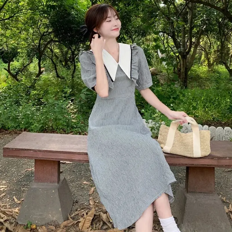 

Женское длинное платье-трапеция, повседневное однотонное ТРАПЕЦИЕВИДНОЕ ПЛАТЬЕ С Коротким Рукавом и высокой талией, модель N22 в Корейском с...