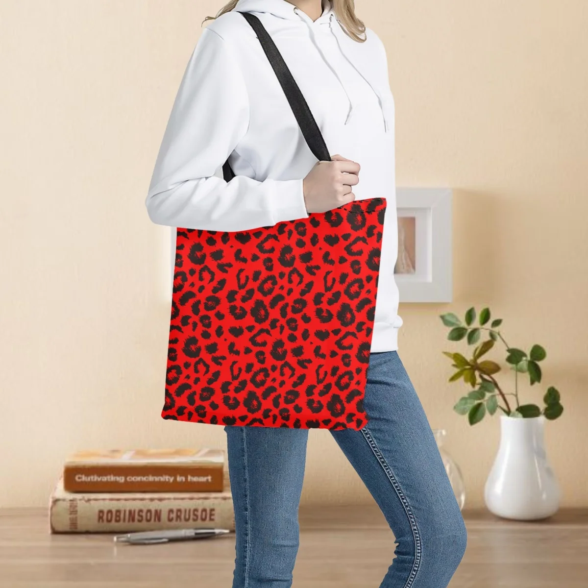 

Leopard Red Skin Print Fashion Shopping Bags Foldable Totes Portable Girls Storage Schoolbags Canvas Eco Grocery Bags for Female