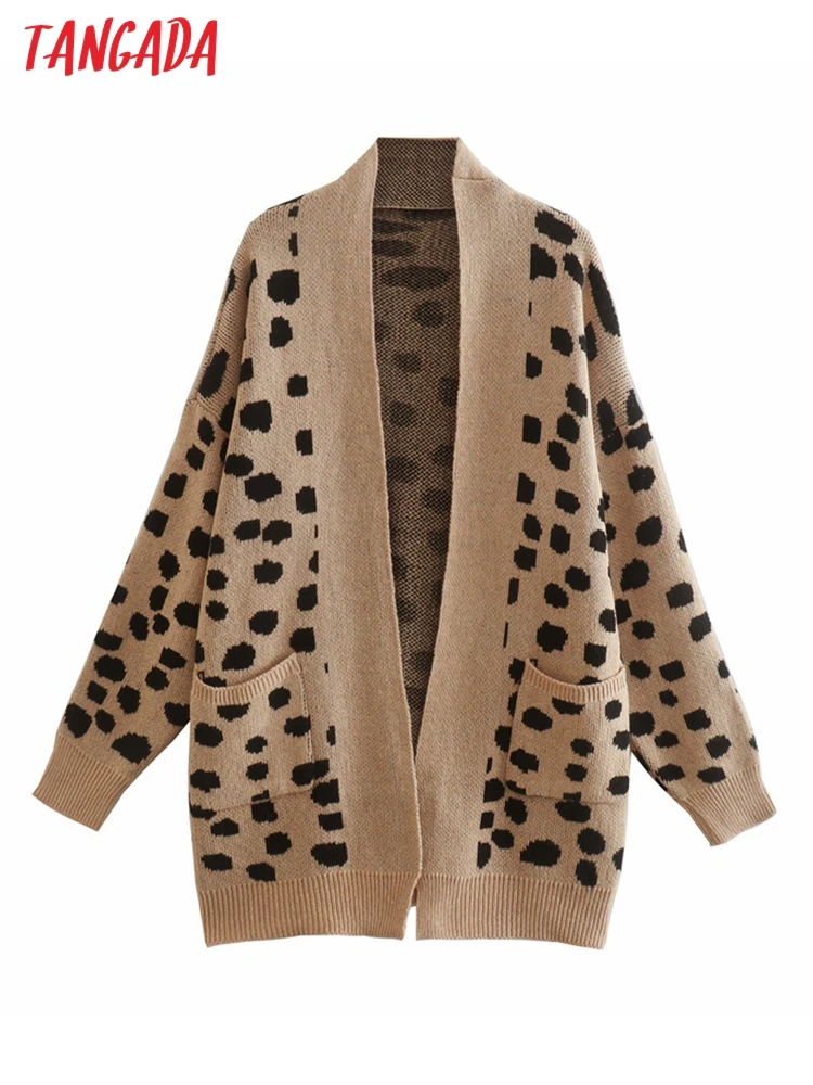

Tangada women elegant leopard long cardigan vintage jumper 2022 oversized knitted cardigan 1F28