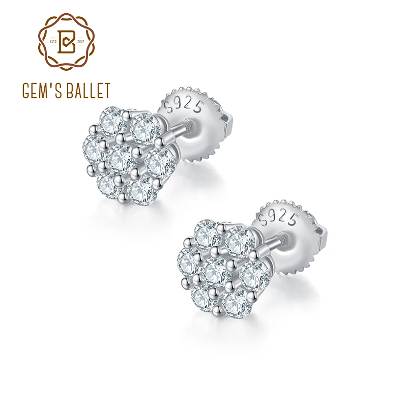 

GEM'S BALLET Iced 14K Gold 925 Sterling Silver Hip Hop Earrings Men's Flower Cluster Moissanite Screw Back Stud Earrings
