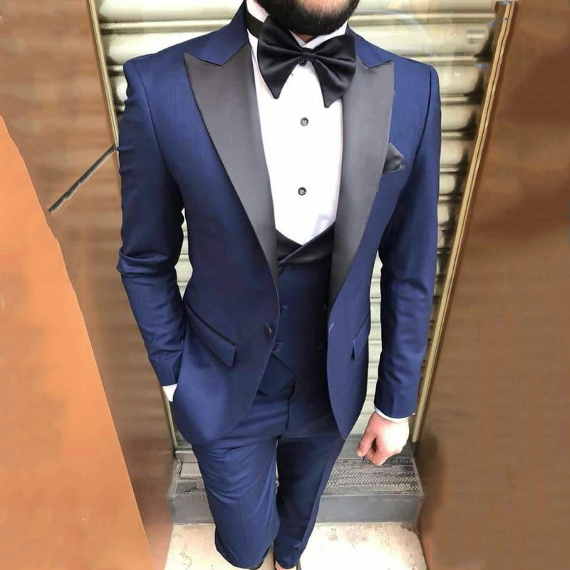 

2023 Blue Formal Men Suits Sim Fit for Wedding 3 Pieces Groom Tuxedo Smoking Jacket Vest with Pants Peaked Lapel Custom Costume