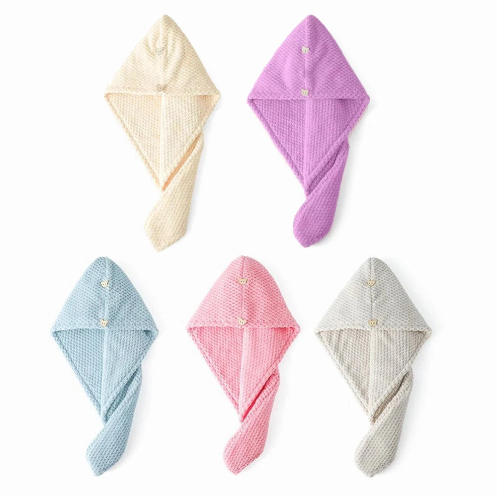 

Microfiber Quick Drying Shower Cap 2022 Waffle Magic Wearable Bath Towel Hats with Cute Bear Button Fast Dry Soft Towels Turban