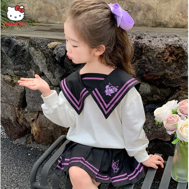 

Kawaii Sanrio Kuromi Children's Sweatshirt Girl JK Set Casual Long Sleeve T-Shirt Top College Style Pleated Skirt Sweatshirt Set