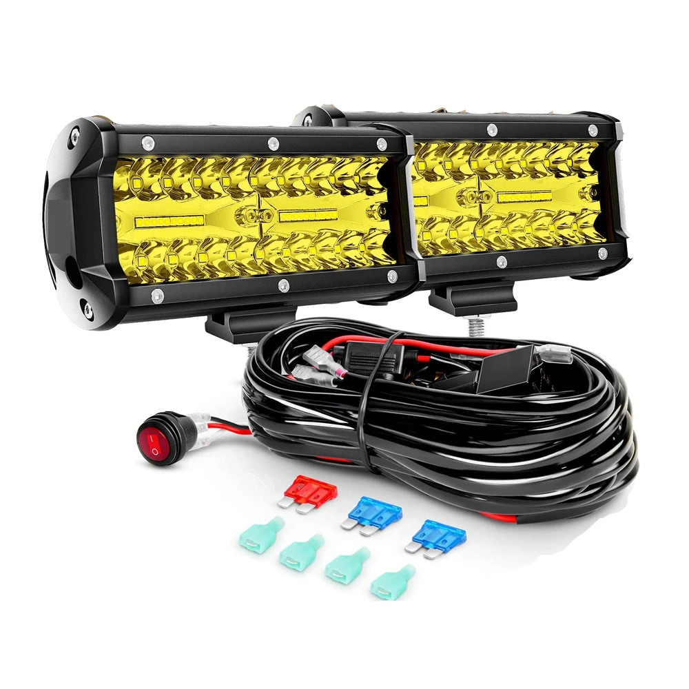 

2PCS 7 Inch Amber 120W Spot Flood Combo 12000LM Waterproof Triple Rows Fog Lights Led Off Road Lights with Wiring Harness Kit