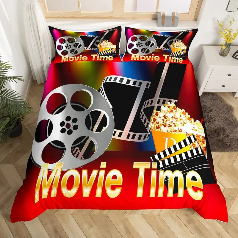 

Movie Time Comforter Cover Movie Theater Bedding Set Cinema Poster Duvet Cover Microfiber Popcorn Movie Snacks Bedspread Cover