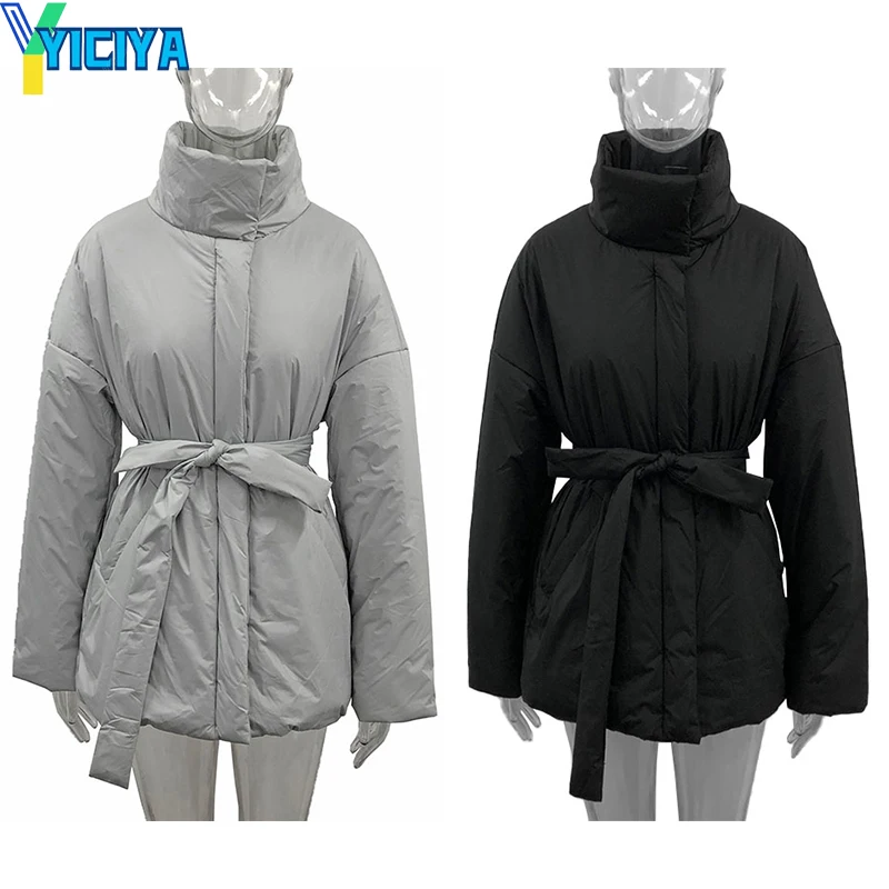 YICIYA Parkas For Woman 2023 Casual Collected Waisted Fashion Coat Women Elegant Spring Stand Collar Cotton Jacket Female Ladies