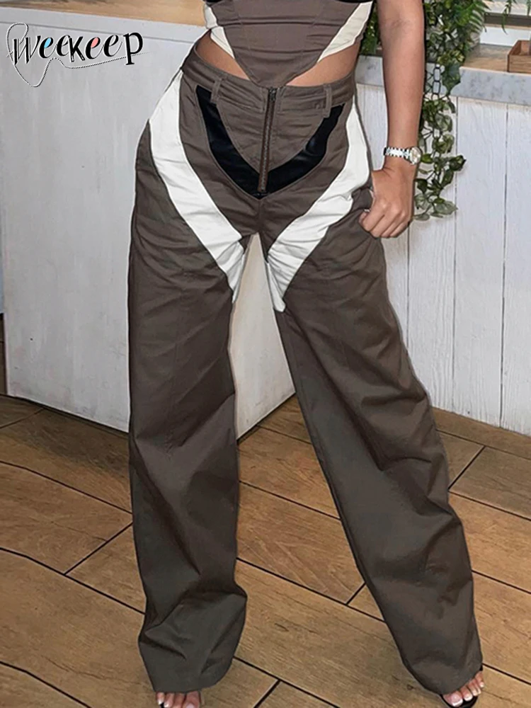 

Женские повседневные брюки на молнии Weekeep Grunge, прямые брюки с низкой посадкой, винтажные Капри y2k, уличная одежда в Корейском стиле, 90s, спортивные штаны