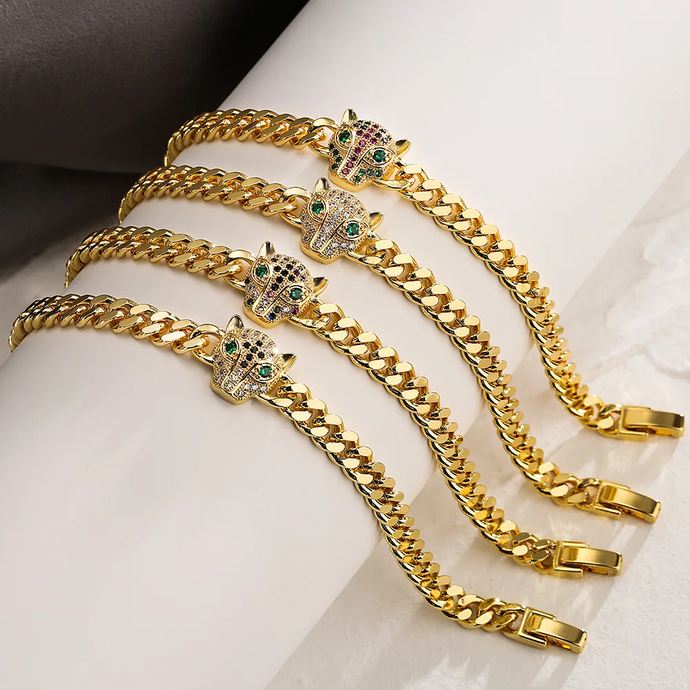 Gold Color Leopard Bracelet Metal Copper Zircon Cuban Chain For Women Hip-hop Punk Female Jewelry Gifts Wholesale Dropshipping