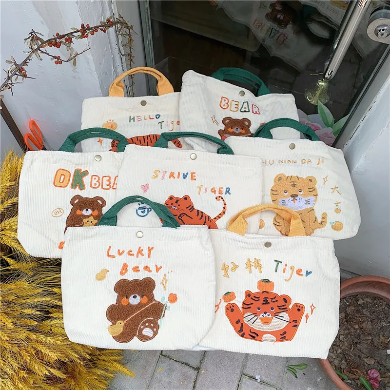 

Cute Tiger Embroidery Women Purse Handbags Retro Corduroy Ladies Small Tote Shoulder Bags Simple Female Square Lunch Bento Bag