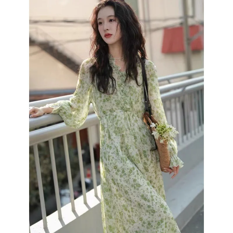 

2022 Spring Summer Woman Dress French Style Vintage Gentle Dress Lotus Leaf Floral Elegant Long Dresses