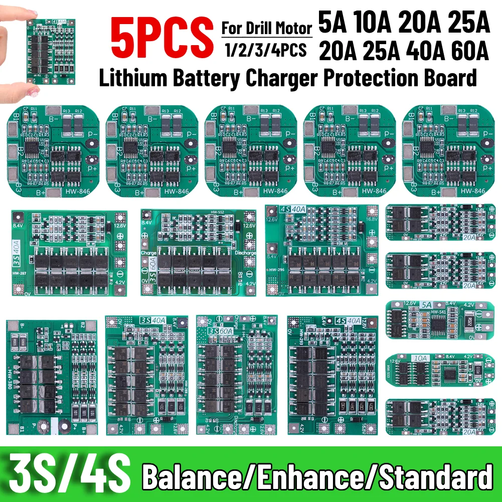 Защитная плата 3S/4S 5A 10A 20A 25A 40A 60A для зарядки литий-ионных батарей, 18650 BMS для двигателя дрели, 12 В с увеличением/балансиром