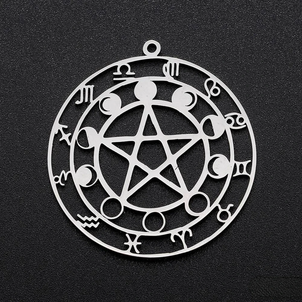 

5PC 201 Stainless Steel Laser Cut Flat Round with 12 Chinese Zodiac Signs Stainless Steel Color 37.5x35x1mm Hole: 1.6mm
