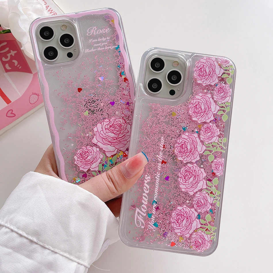 

Чехол с динамическим сыпучим песком и милым розовым цветком для телефона iPhone 13, 12, Mini, 11 Pro Max, 6S, 7, 8 Plus, X, XR, XSMax, чехол с жидкими блестками