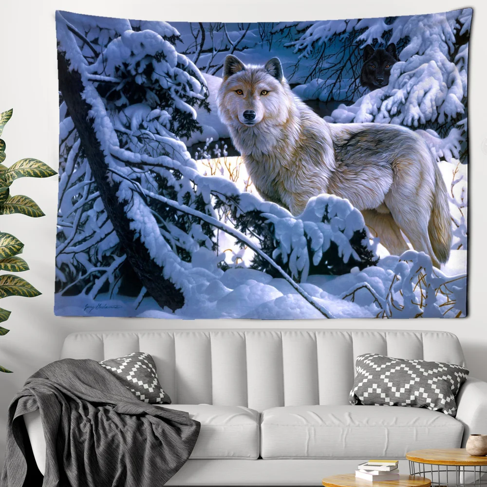 

Snow Wolf Scene Tapestry Living Room Bathroom Kitchen Wall Decoration Home Textile Products Decor Gifts Blue White Background