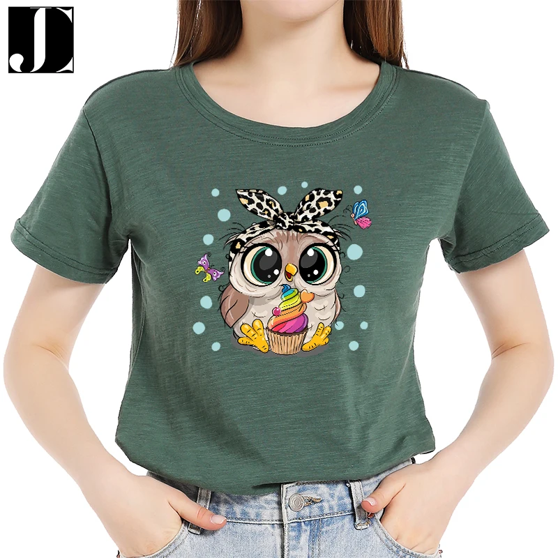 

Summer Fashion Casual Short Sleeve Women Regular Daily 100% Cotton T-shirt Little Owl Print Female Kawaii Graphic O-Neck Tee Top