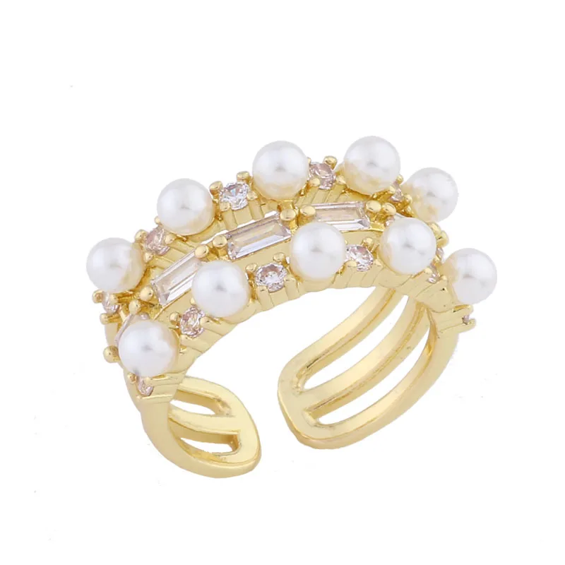 

New Trend Light Gold Color Finger Open Ring White Natural Zircon Adjustable Pearl Ring For Women Jewelry
