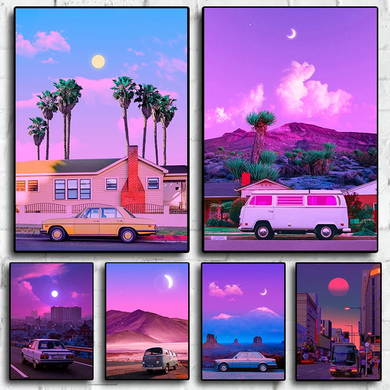 

Туристическая Ночная неоновая городская уличная экскурсия автобус Луна пляж постер путешествия 80s Автомобильная живопись настенное искусство домашний декор кавайный Декор для комнаты холст