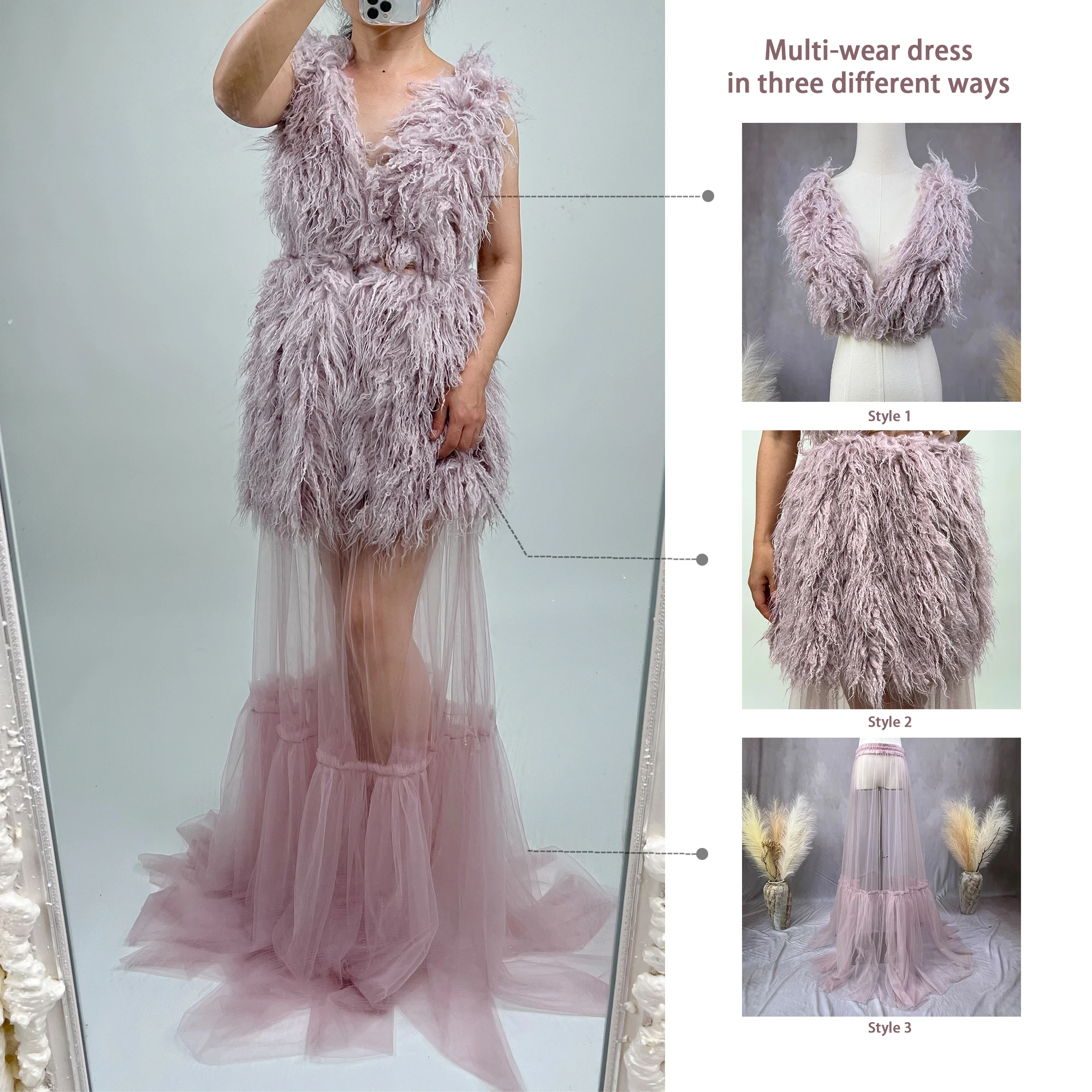 Don&Judy Maternity Photography Dresses Faux Fur Top and Skirt with Matched Tulle Skirt Set for Pregnant Woman Baby Shower Gift