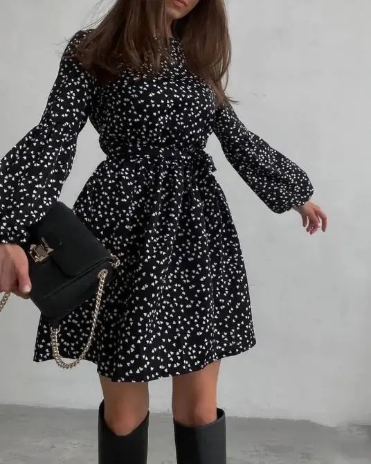 

Elegant Party Dresses for Women 2023 New Casual and Stylish Round Neck Ruffled Polka Dots Long Sleeved Dress Spring/summer