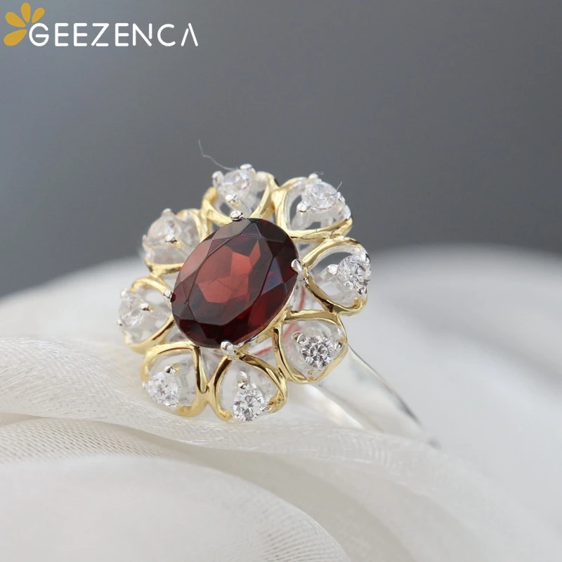 

GEEZENCA S925 Silver Natural Garnet Open Ring For Women Faceted Gemstone Classic Court Style Rings Fine Jewel Anniversary Gift