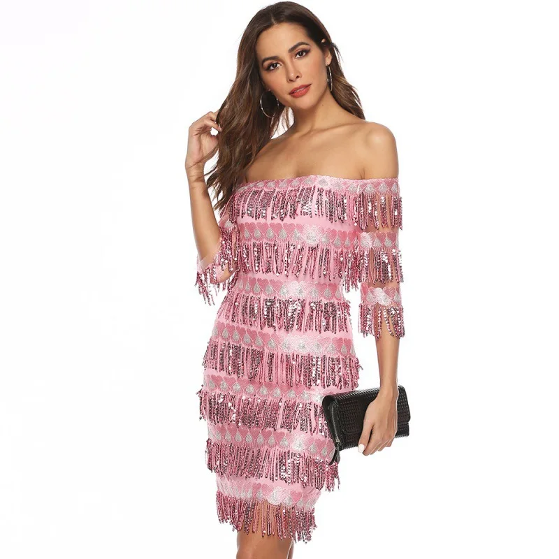 2022 Spring And Summer Women Line Neck Middle Sleeve Tassel Wrap Hip Sexy Sequins Party Dress