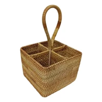 wicker basket natural hand woven storage picnic basket 7x7in long handle 4 compartments rattan basket for picnic bottle cutlery