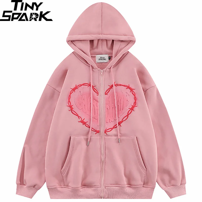 

Hip Hop Streetwear Hooded Jacket 2022 Men Heart Graphic Jacket Coat Autumn Harajuku Cotton Zipper Up Jacket Hoodie Casual Pink