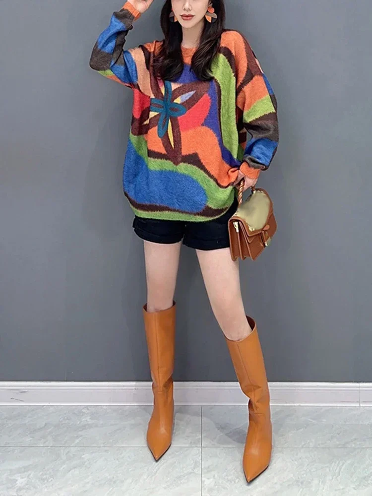 Вязаный свитер контрастных цветов XITAO модный нестандартный Полосатый Простой