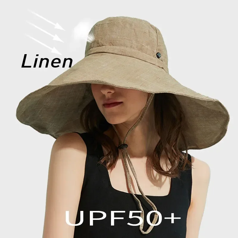 

2023 Summer Wide Brim 18cm Linen Sun Hats for Women Uv Protection UPF 50+ Sunshade Foldable Bucket Hat Beach Outing Panama