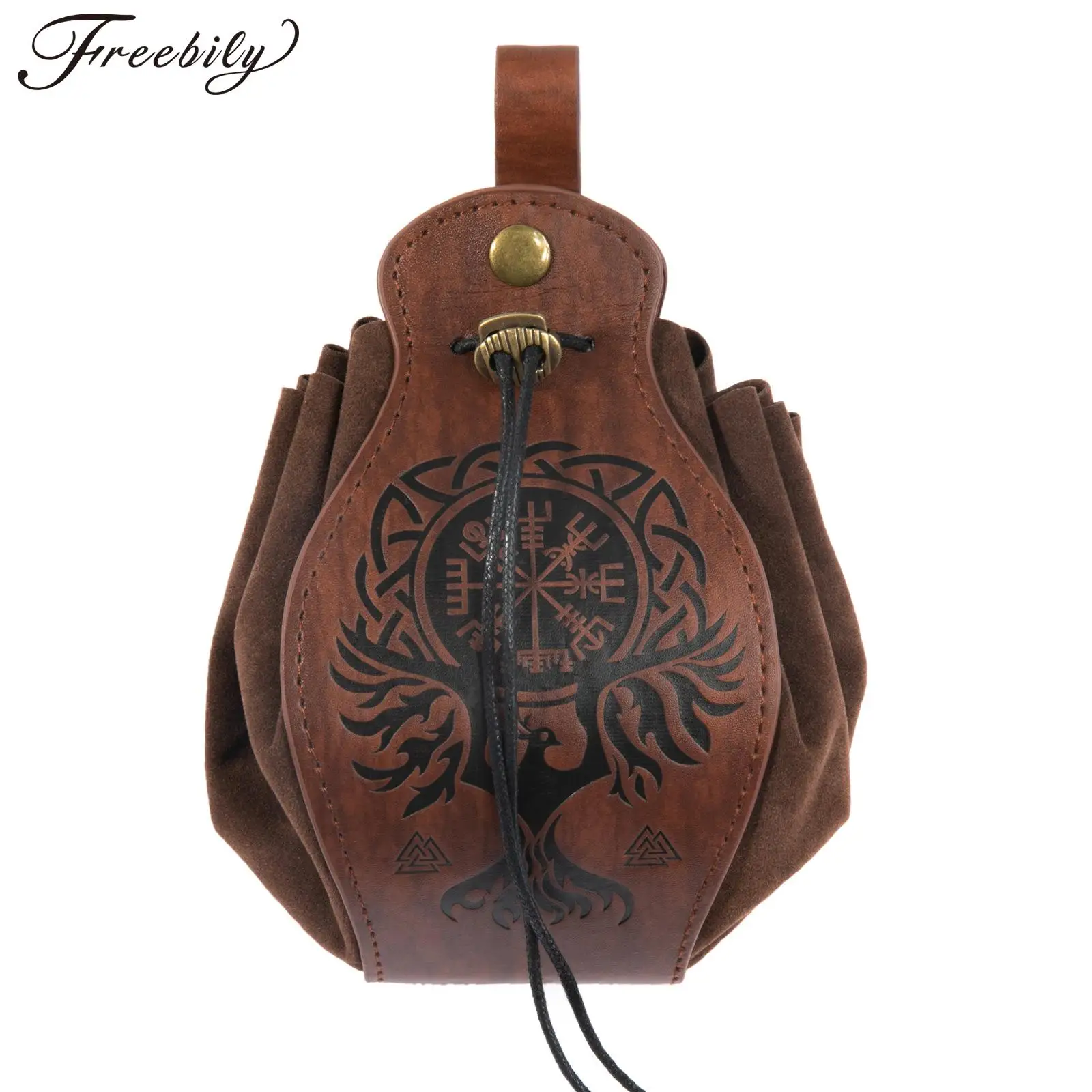 

Medieval Viking Style PU Leather Pouch Button Drawstring Vintage Pattern Storage Bag Kids Adult Halloween Party Cosplay Costume