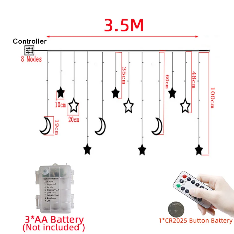 LED Christmas Lights USB/ Battery Remote Control Moon Stars Curtain Garlands Fairy String Light for Xmas Party Home Decor | Лампы и