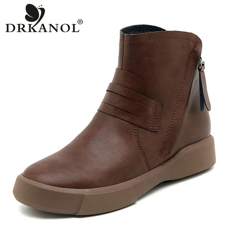 

DRKANOL Retro Style Autumn Winter Warm Shoes Women Ankle Boots Double Zipper Flats Rubber Sole Non-slip PU Leather Short Boots