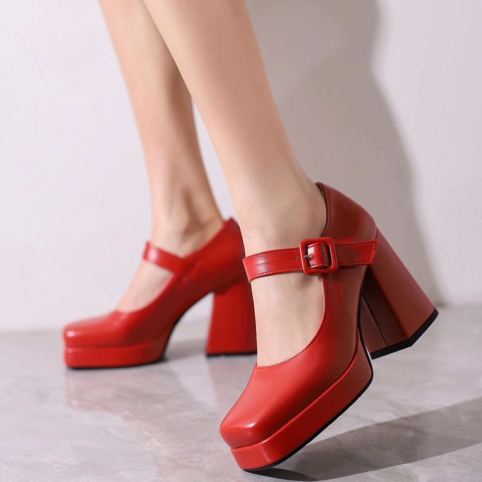 Eokkar Square Toe Mary Janes Platform Chunky High Heels Buckle Comfortable Pumps 2023 Elegant Dress Pumps Thick Heel Party Shoes