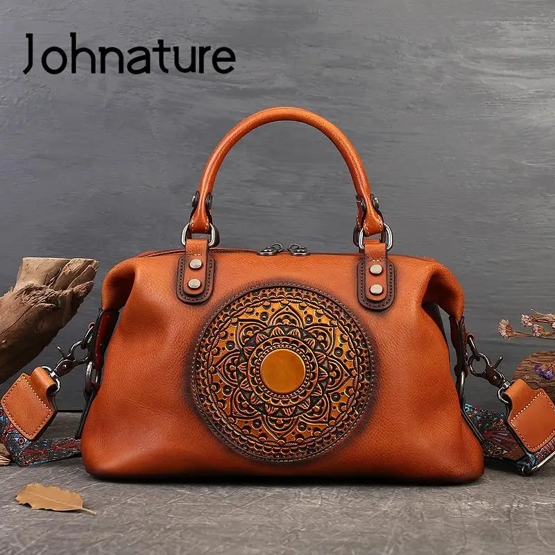 Johnature 2022 New Handmade Retro Totem Women Handbag Genuine Leather Versatile Casual Tote Real Soft Cowhide Shoulder Bags
